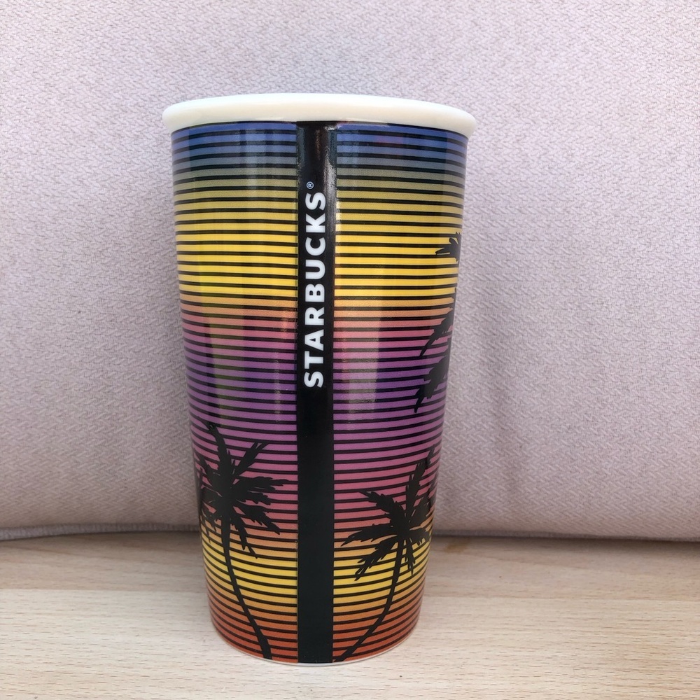 Starbucks 2016 Ceramic Stripes Sunset Palms Florida Travel Cup With Lid 12 Oz. - Picture 4 of 11